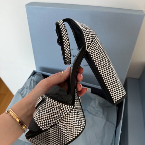Prada Satin Black Embellished Platform Heels Logo Crystal Pumps Sandals - Picture 7 of 9